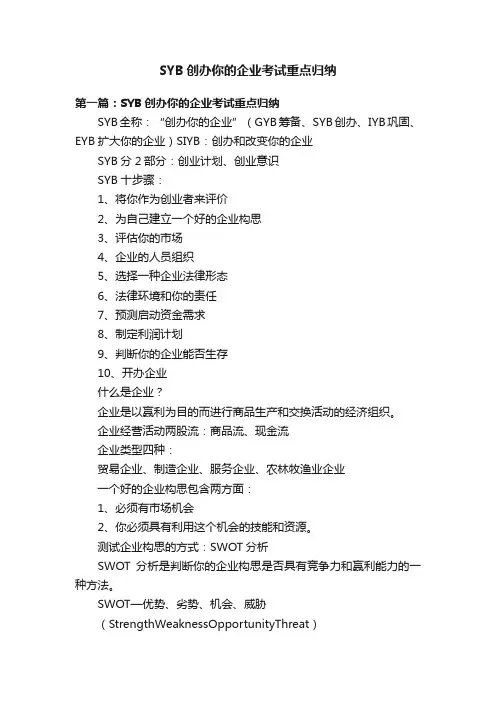 SYB创办你的企业考试重点归纳