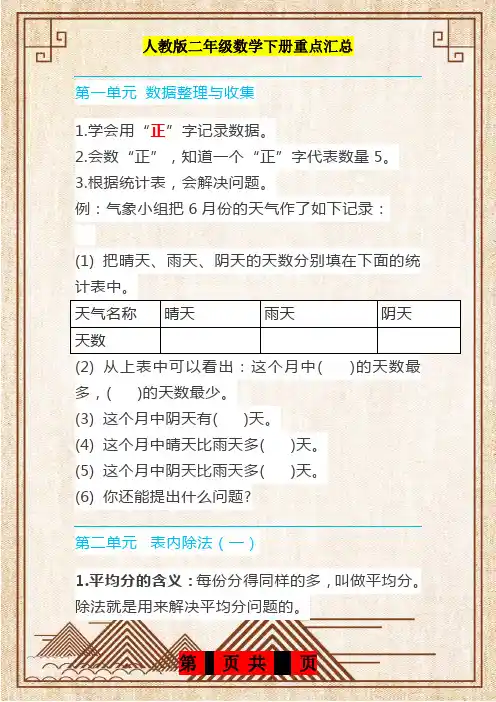人教版二年级数学下册重点知识整理
