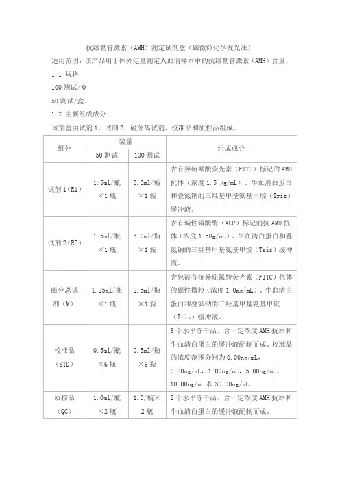 抗缪勒管激素(AMH)测定试剂盒(磁微粒化学发光法)产品技术要求ldm
