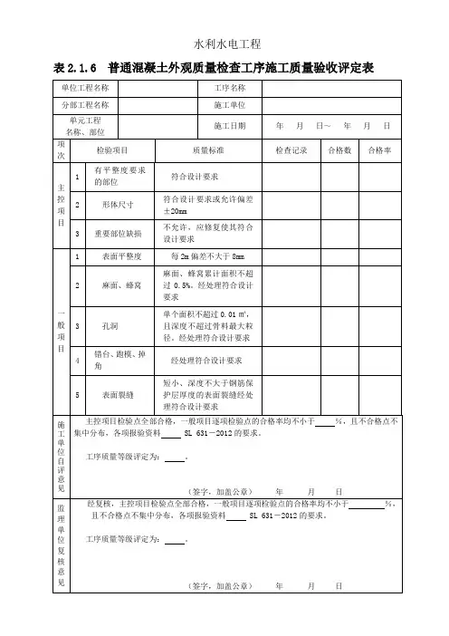 普通混凝土外观质量检查工序施工质量验收评定表