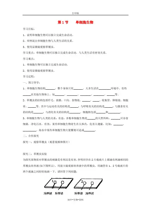 苏教版生物-七年级上册-2.4.1单细胞生物导学案新版