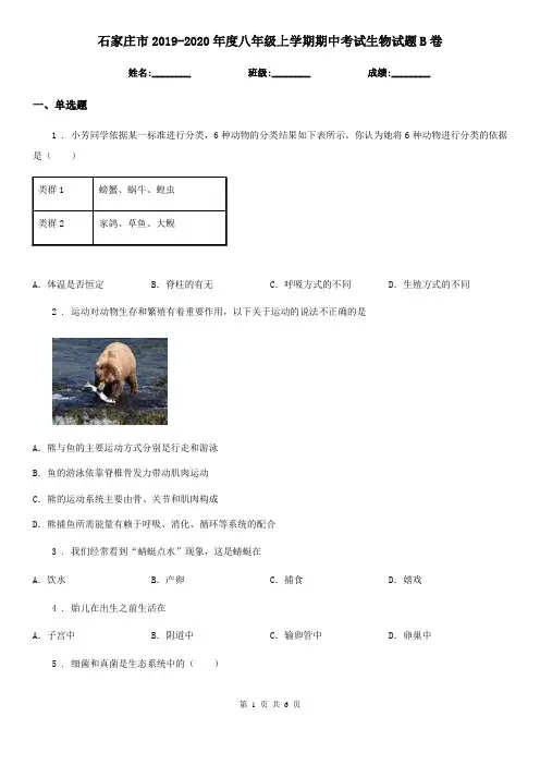 石家庄市2019-2020年度八年级上学期期中考试生物试题B卷