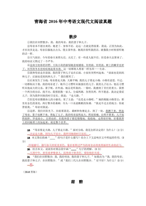 青海省2016年中考语文现代文阅读真题