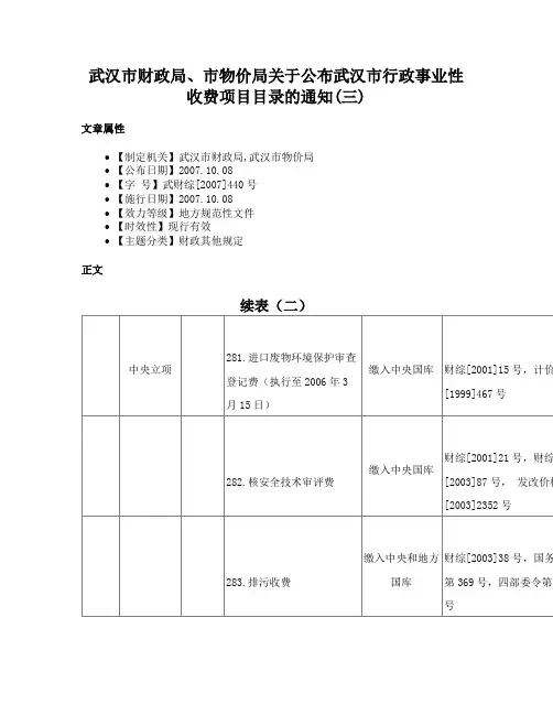 武汉市财政局、市物价局关于公布武汉市行政事业性收费项目目录的通知(三)