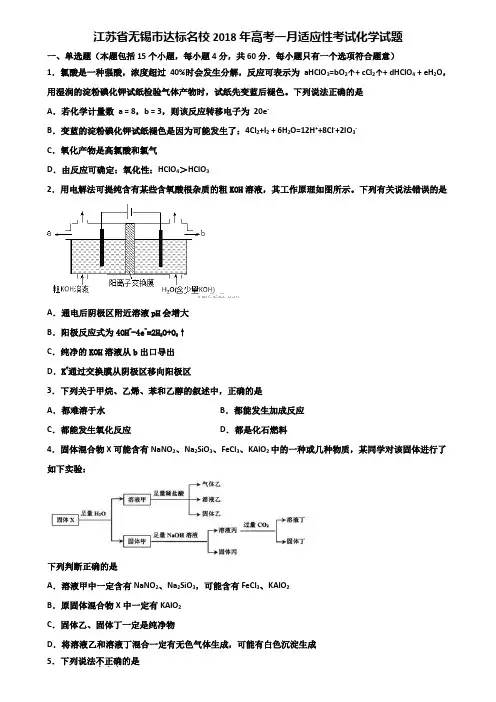 江苏省无锡市达标名校2018年高考一月适应性考试化学试题含解析