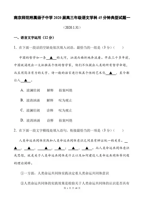 南京师范附属扬子中学2020届高三年级语文学科45分钟典型试题一及答案(10页)