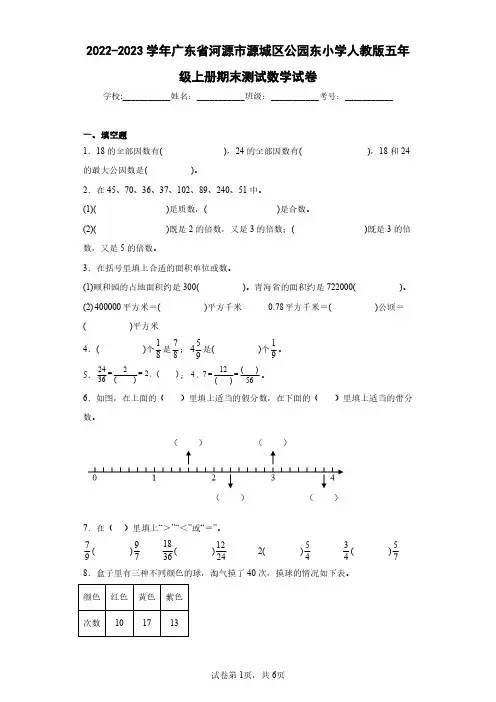 2022-2023学年广东省河源市源城区公园东小学人教版五年级上册期末测试数学试卷(含答案解析)