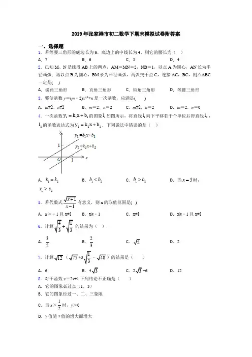 2019年张家港市初二数学下期末模拟试卷附答案