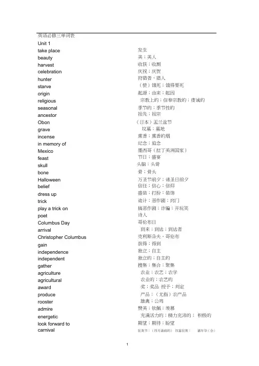 (完整word版)人教版高中英语必修3词汇表--英汉分开