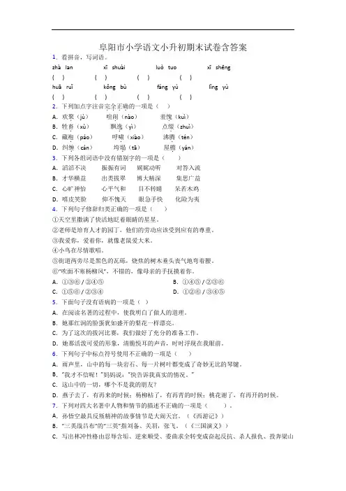 阜阳市小学语文小升初期末试卷含答案