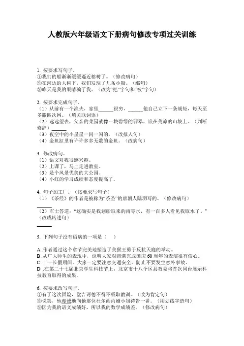 人教版六年级语文下册病句修改专项过关训练
