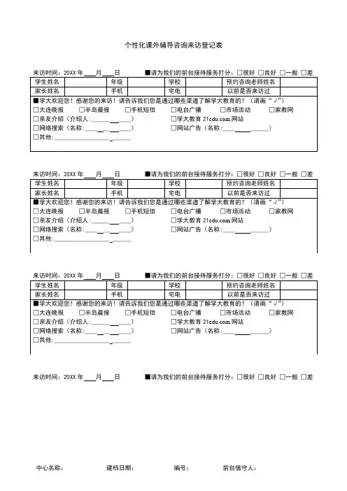 培训学校一对一系列-个性化课外辅导咨询来访登记表