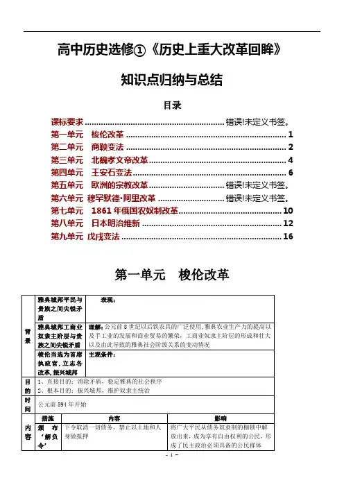高中历史选修一《历史上重大改革回眸》知识点归纳与总结