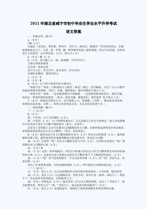 2011年咸宁中考语文试题答案 (1)