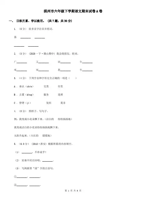 滨州市六年级下学期语文期末试卷A卷