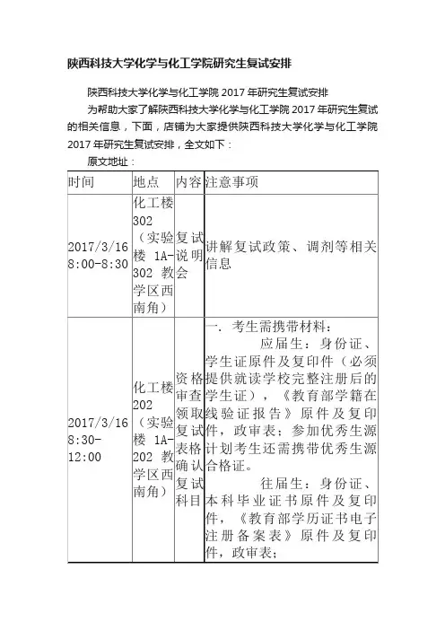 陕西科技大学化学与化工学院研究生复试安排