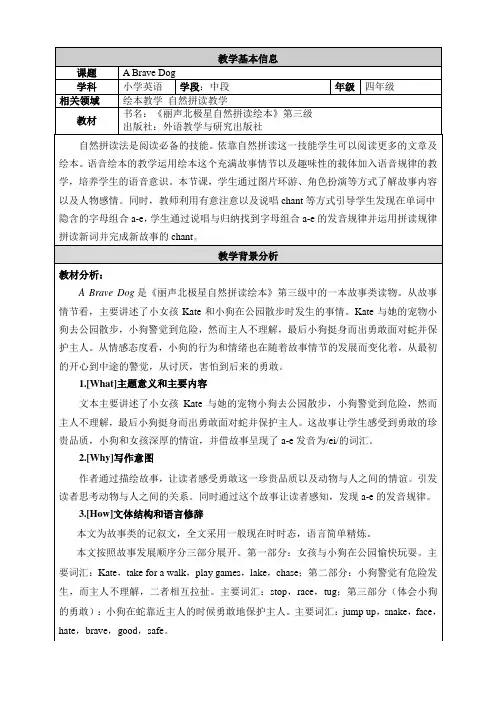 丽声北极星自然拼读绘本第三级 A Brave Dog 教学设计