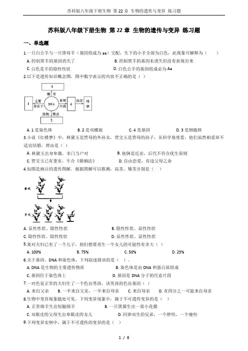 苏科版八年级下册生物 第22章 生物的遗传与变异 练习题