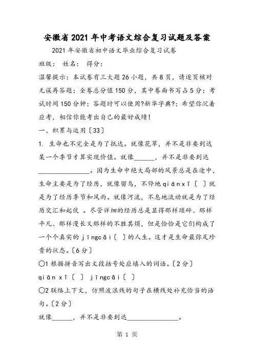 安徽省中考语文综合复习试题及答案