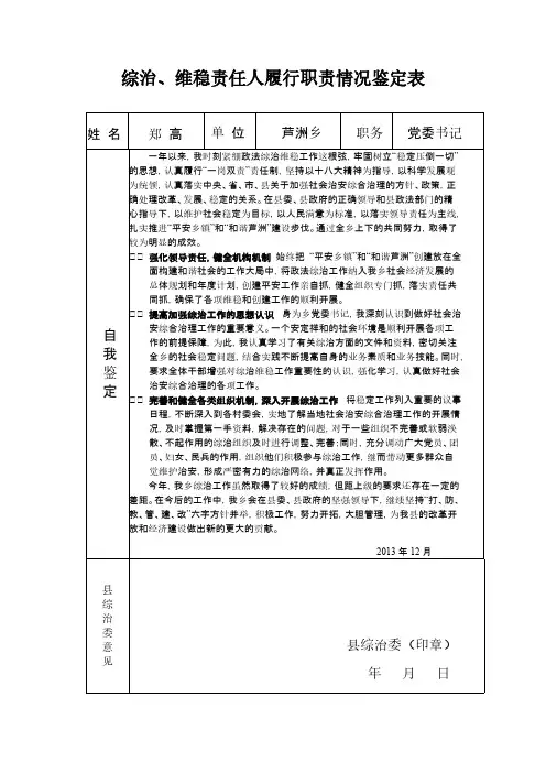【免费下载】综治维稳责任人履行职责情况鉴定表