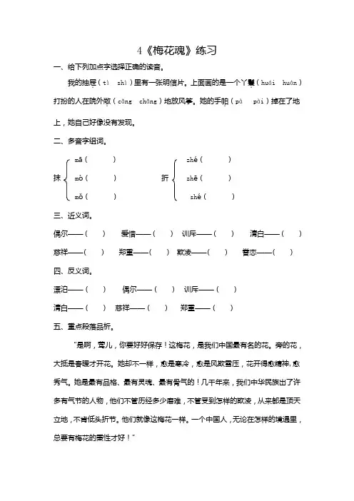 部编版小学语文五年级下册4《梅花魂》一课一练附答案