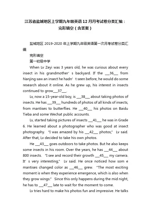 江苏省盐城地区上学期九年级英语12月月考试卷分类汇编：完形填空（含答案）