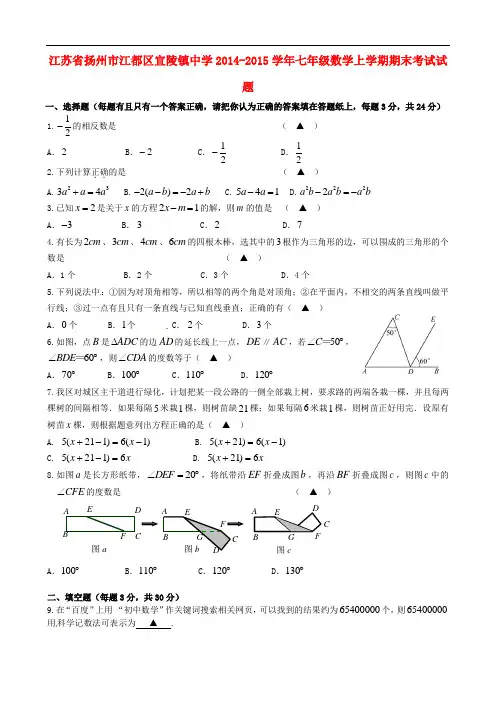 江苏省扬州市江都区宜陵镇中学七年级数学上学期期末考