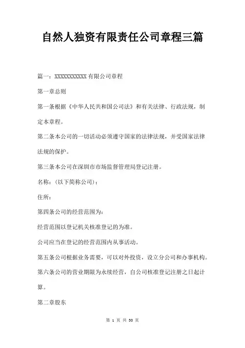 自然人独资有限责任公司章程三篇