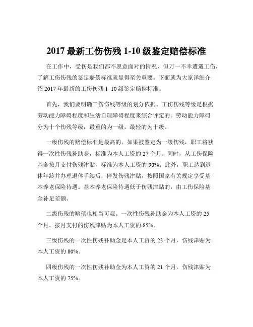 2017最新工伤伤残1-10级鉴定赔偿标准