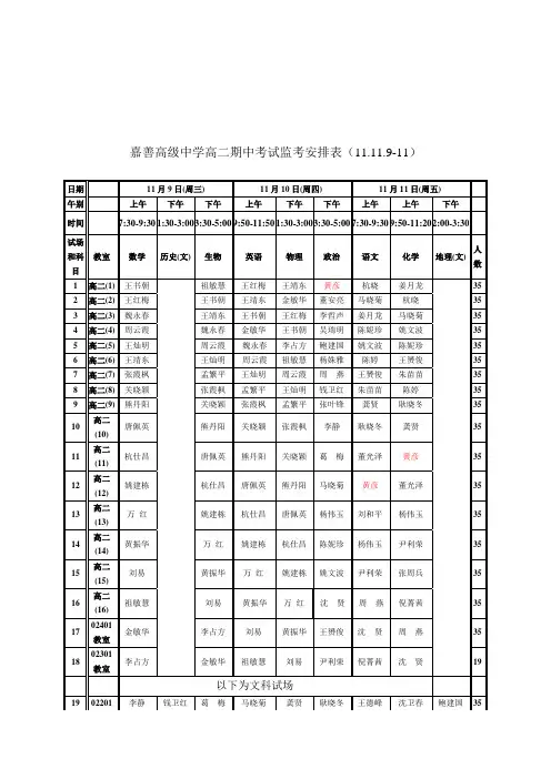 嘉善高级中学高二期中考试监考安排表