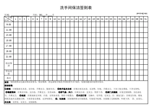 购物广场洗手间保洁签到表