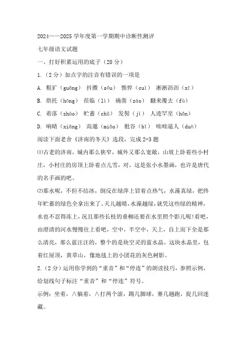 山东省枣庄市台儿庄区2024-2025学年七年级上学期期中考试语文试题(含答案)