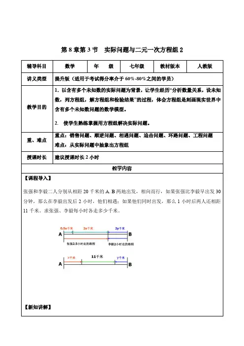 人教版数学七年级下册  8.3 实际问题和二元一次方程组2-提升版-销售、顺逆、相遇、追击、环路、其