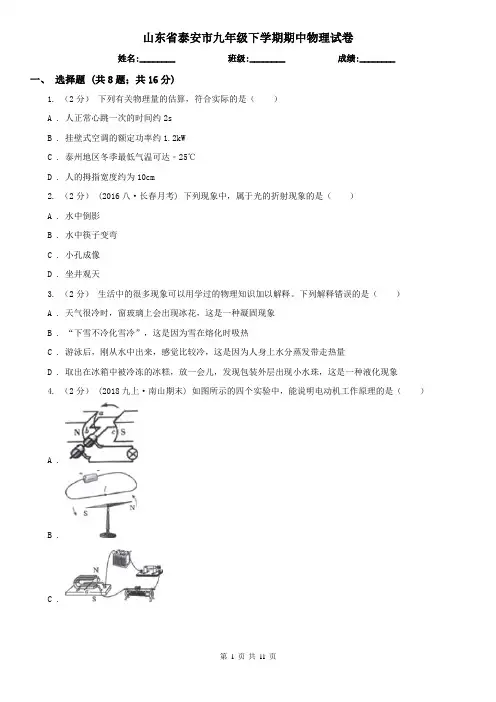 山东省泰安市九年级下学期期中物理试卷