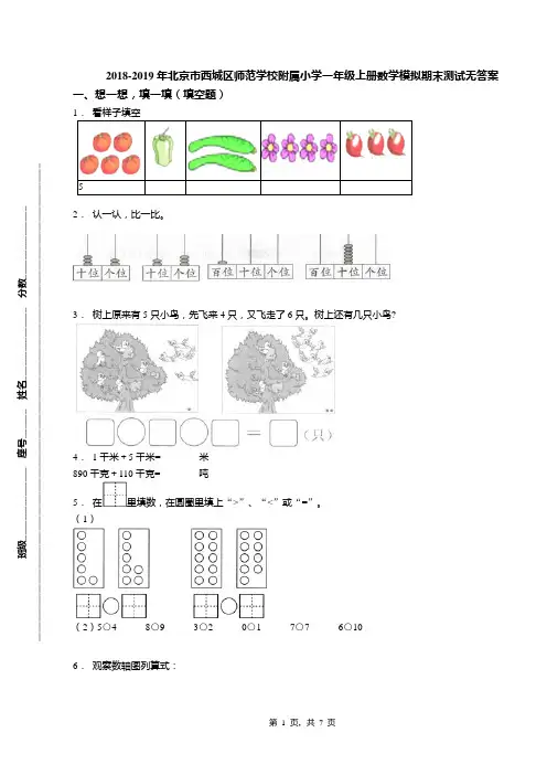 2018-2019年北京市西城区师范学校附属小学一年级上册数学模拟期末测试无答案