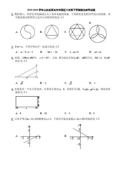 2023-2024学年山东省青岛市市南区八年级下学期期末数学试题