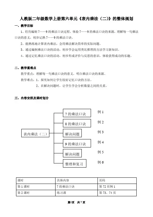 人教版二年级数学上册第六单元《表内乘法(二)》的整体规划