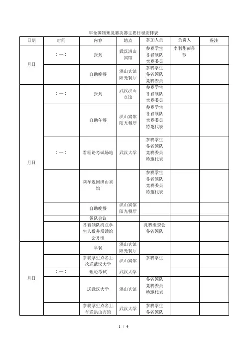 全国物理竞赛决赛主要日程安排表