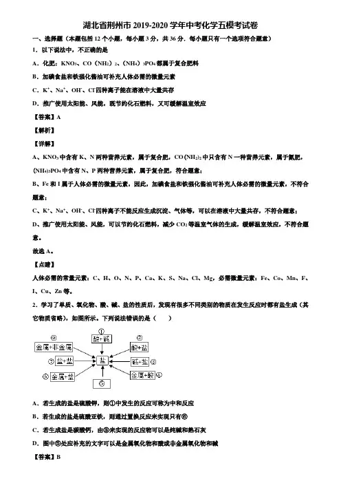 湖北省荆州市2019-2020学年中考化学五模考试卷含解析