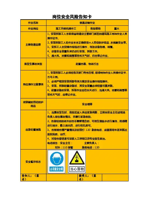 垂直运输作业岗位安全风险告知卡