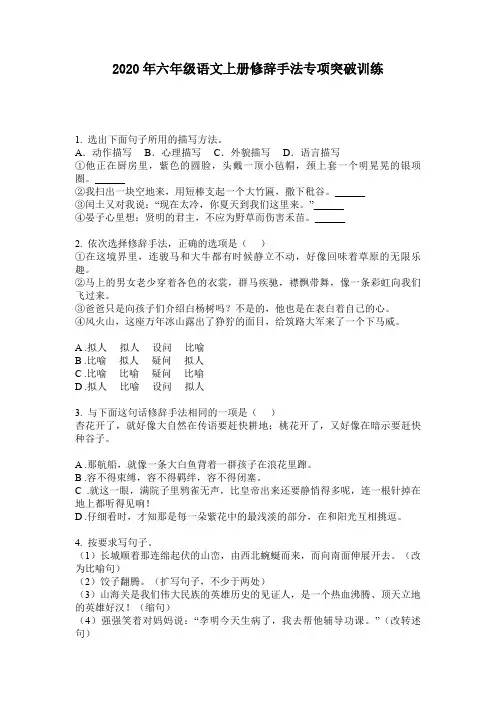 2020年六年级语文上册修辞手法专项突破训练