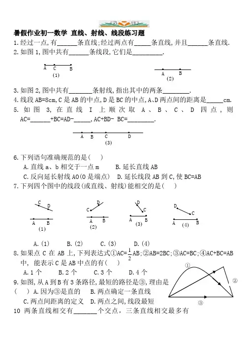 人教版七年级数学暑假作业初一数学 直线、射线、线段练习题 含答案.doc