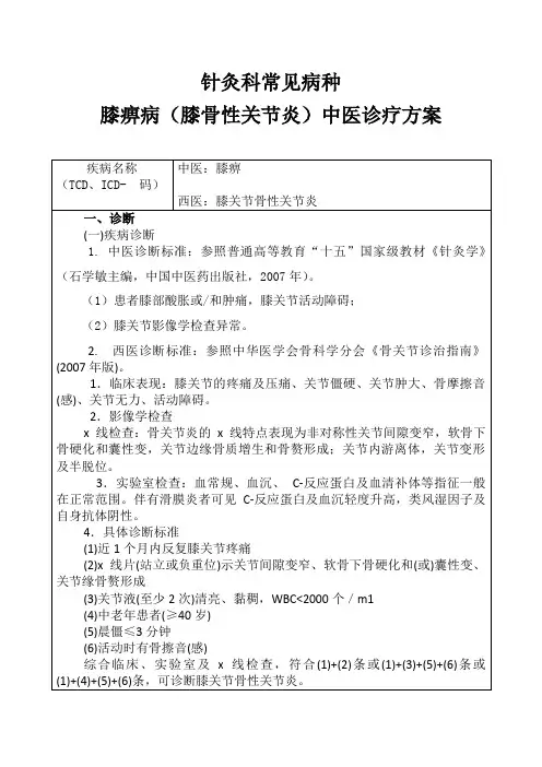 膝痹病(膝骨性关节炎)中医诊疗方案