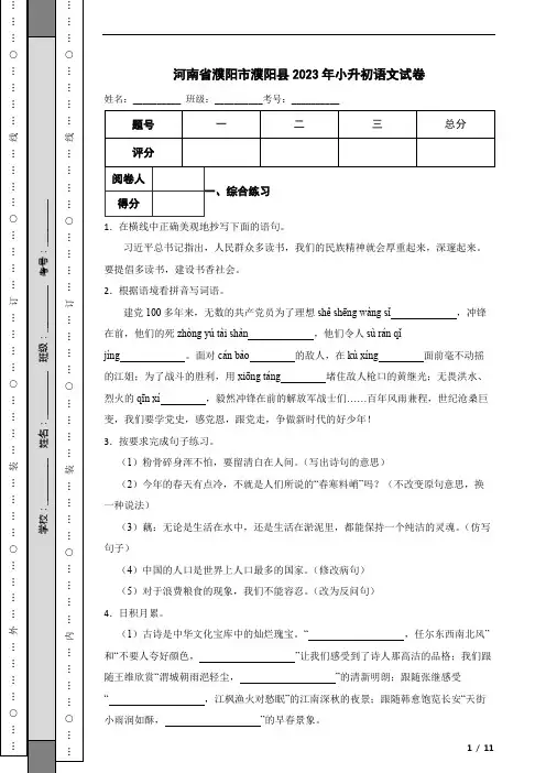 河南省濮阳市濮阳县2023年小升初语文试卷