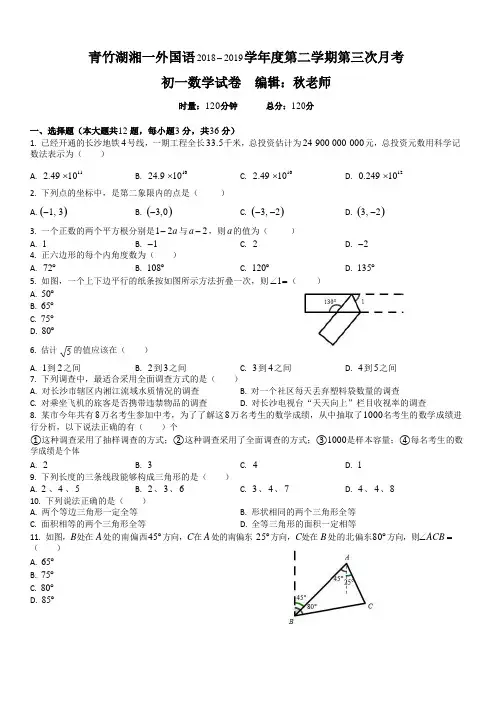 2018-2019湖南长沙青竹湖湘一外国语学校七年级下第三次月考数学试题