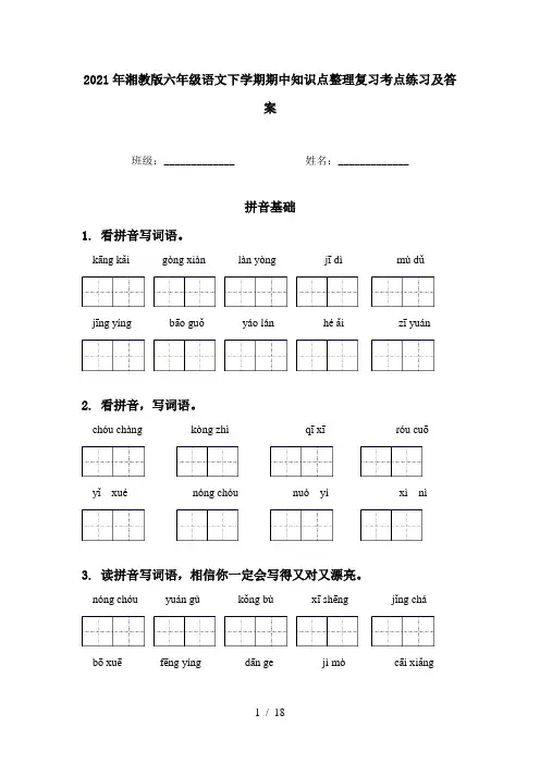 2021年湘教版六年级语文下学期期中知识点整理复习考点练习及答案