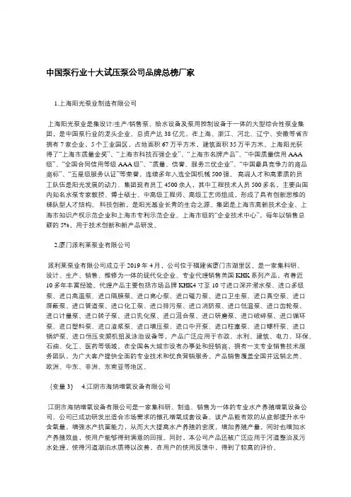 中国泵行业十大试压泵公司品牌总榜厂家
