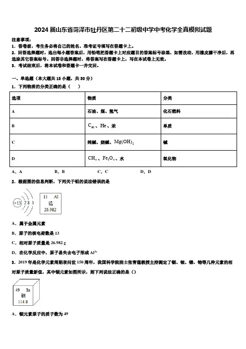2024届山东省菏泽市牡丹区第二十二初级中学中考化学全真模拟试题含解析