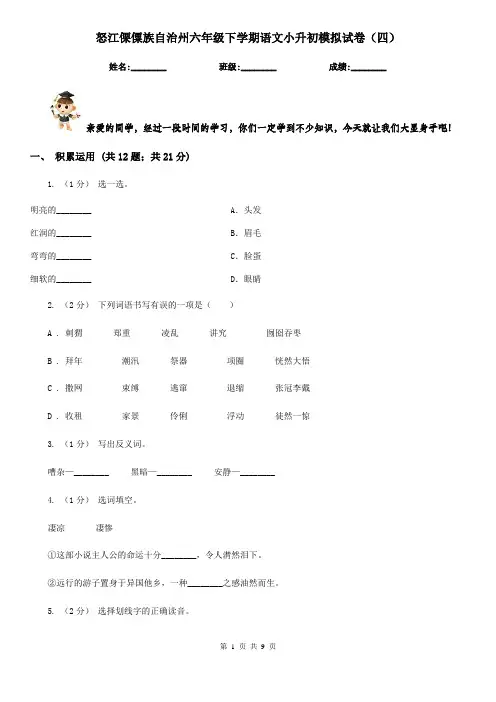 怒江傈僳族自治州六年级下学期语文小升初模拟试卷(四)
