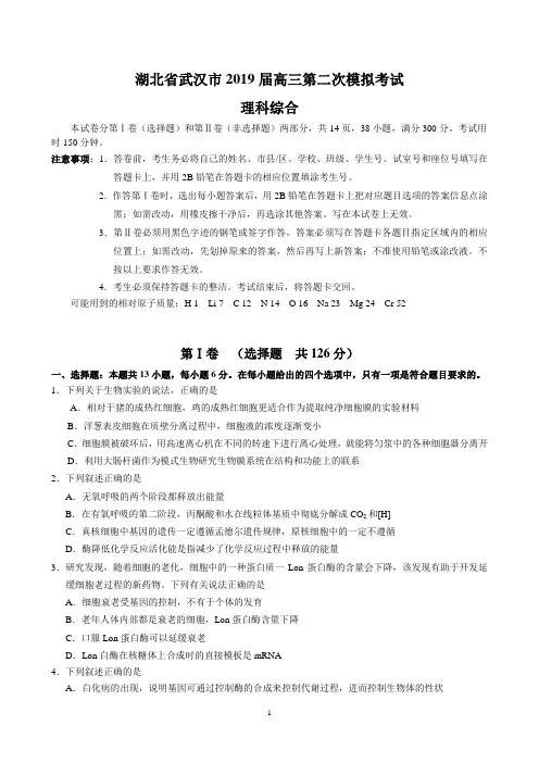 湖北省武汉市2019届高三第二次模拟考试 理科综合试卷